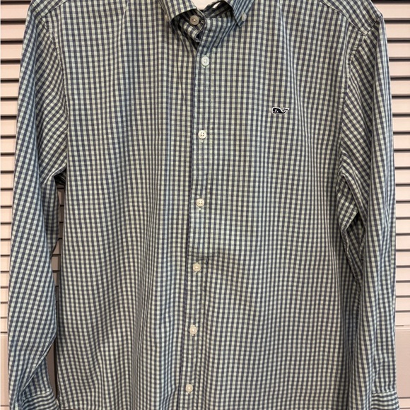 Vineyard Vines Navy and Light Green Plaid Shirt - Picture 3 of 3
